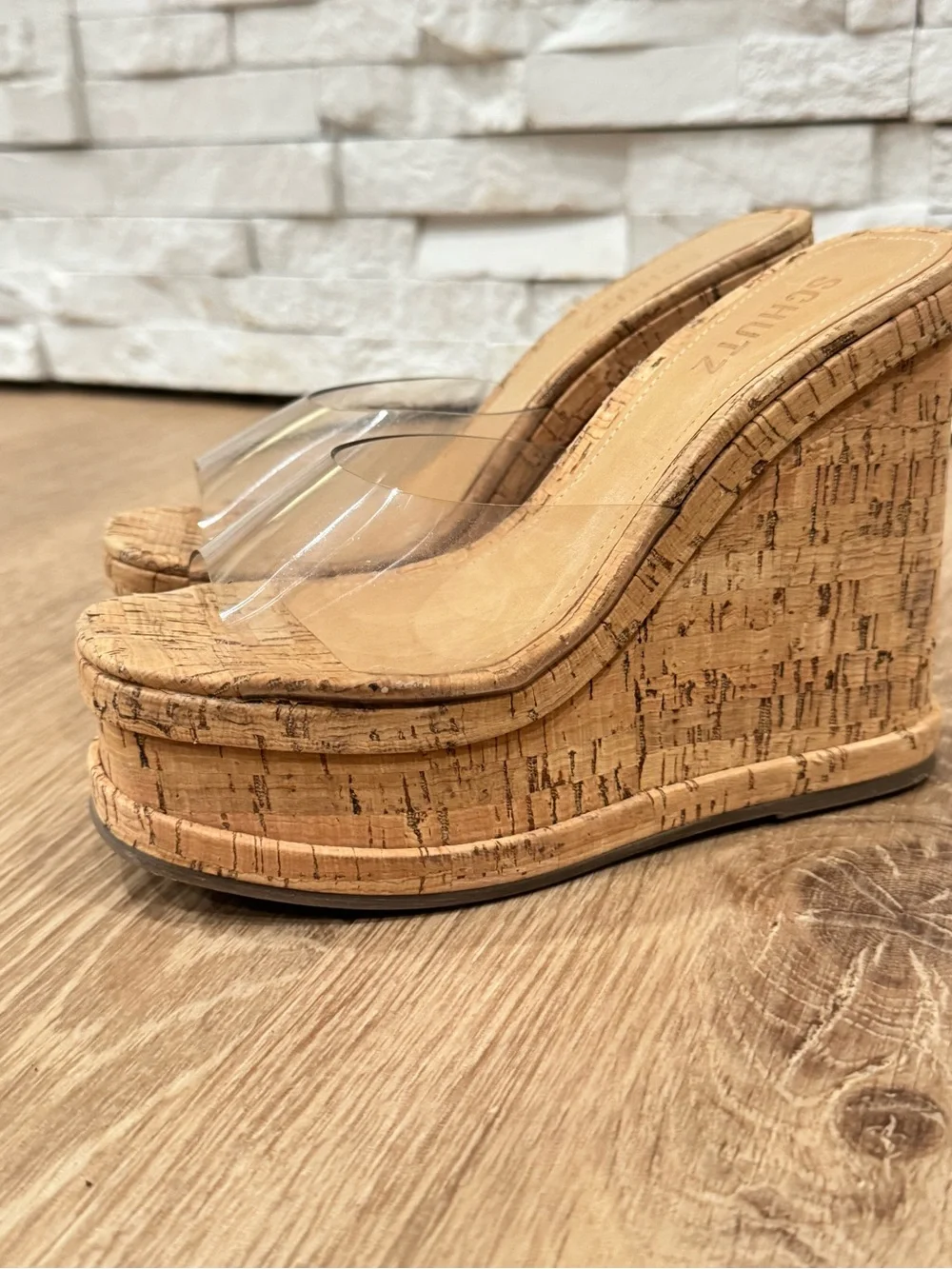 Schutz Dalle Clear Vinyl Cork Platform Wedge Sandals NWOT Women’s 6.5B